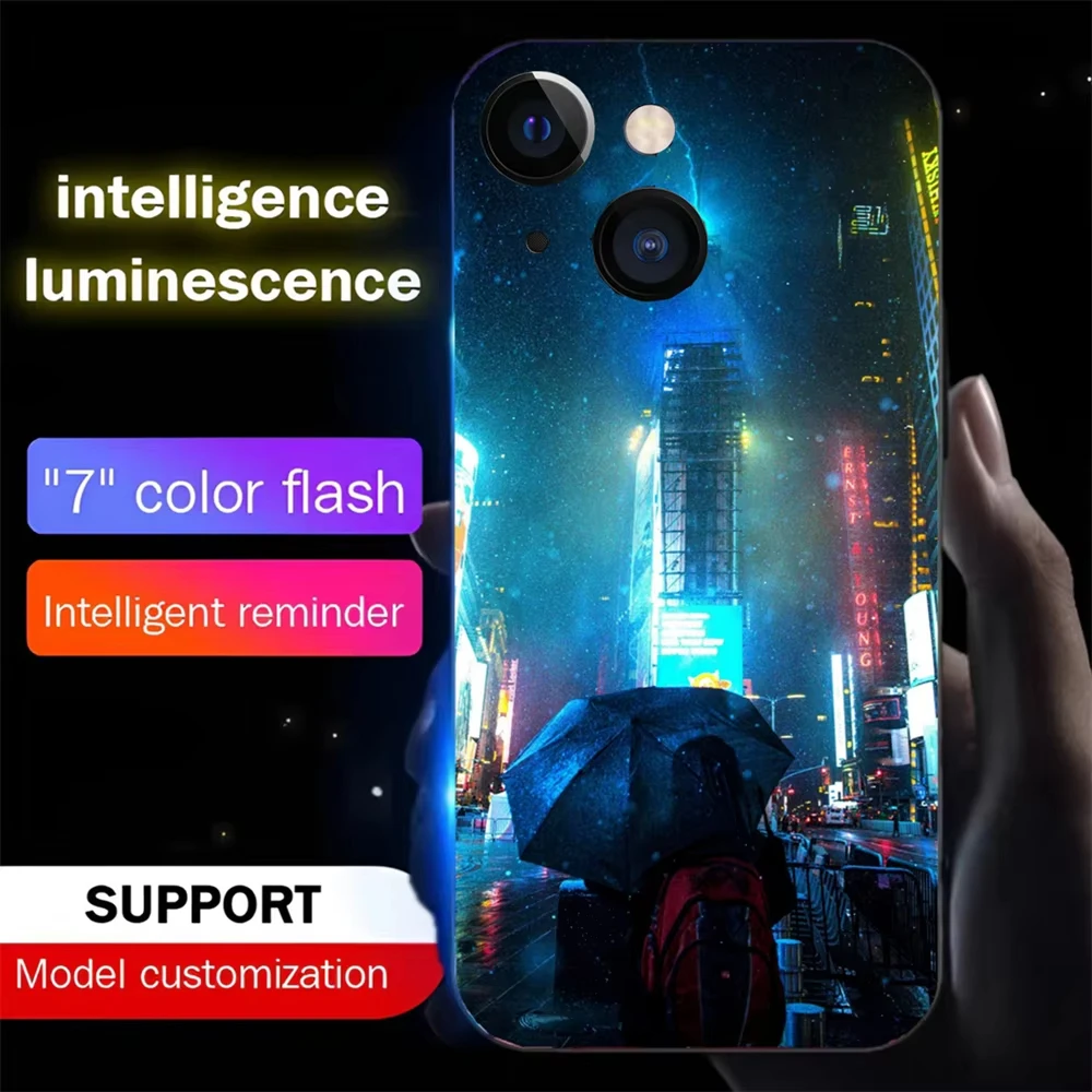 Lonely City Pattern Luminous Glass LED Call Light Up Flash Phone Case For iPhone 16 15 14 13 12 11 Pro Max XR XS Plus 7 8 SE2020 image 3