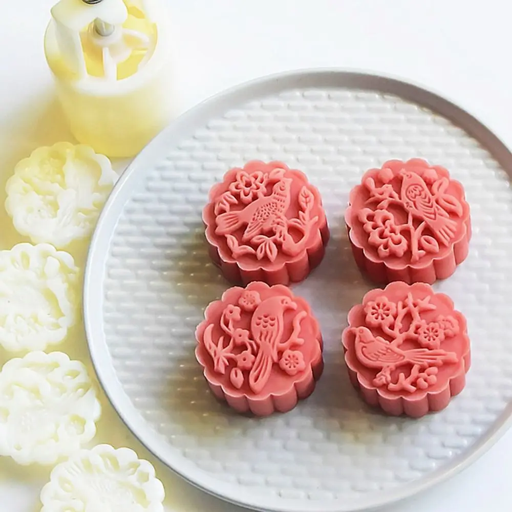 4Pcs/Set Cake Tools 3D Flower Blessed Bird Mold Hand Press 50g Mooncake Press Mold ABS Plastic Embossed Household