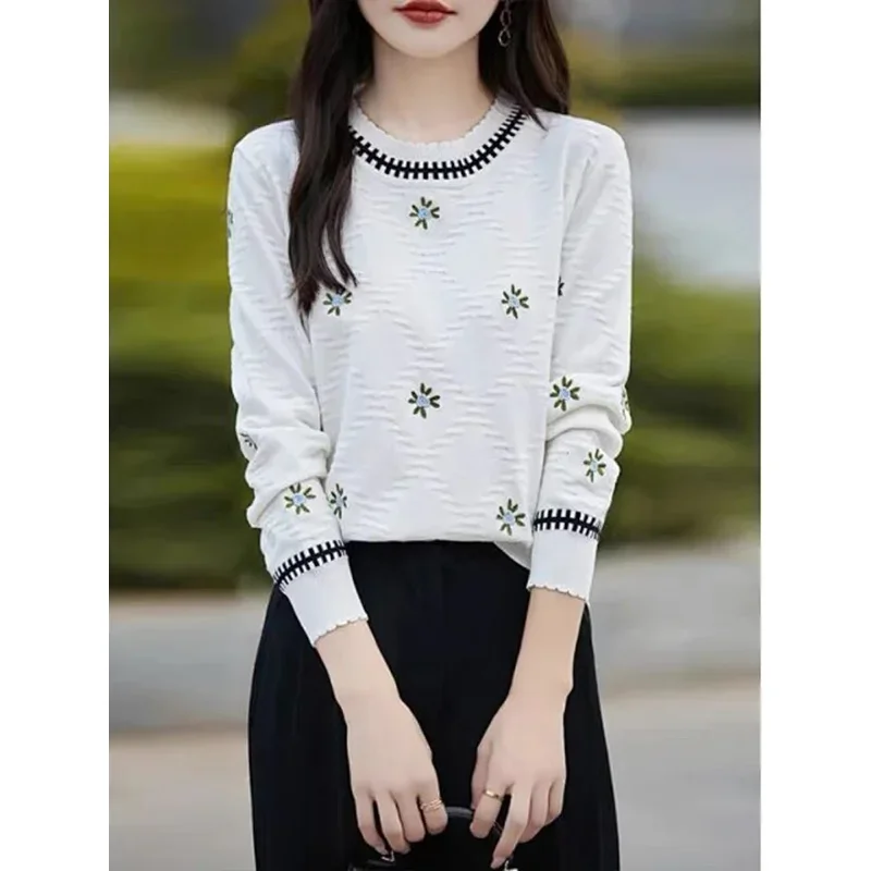 Women Floral O-neck Loose Knitted Pullovers Autumn Winter Commute Elegant Warm Knitwear Tops Soft Comfort Wool Sweaters