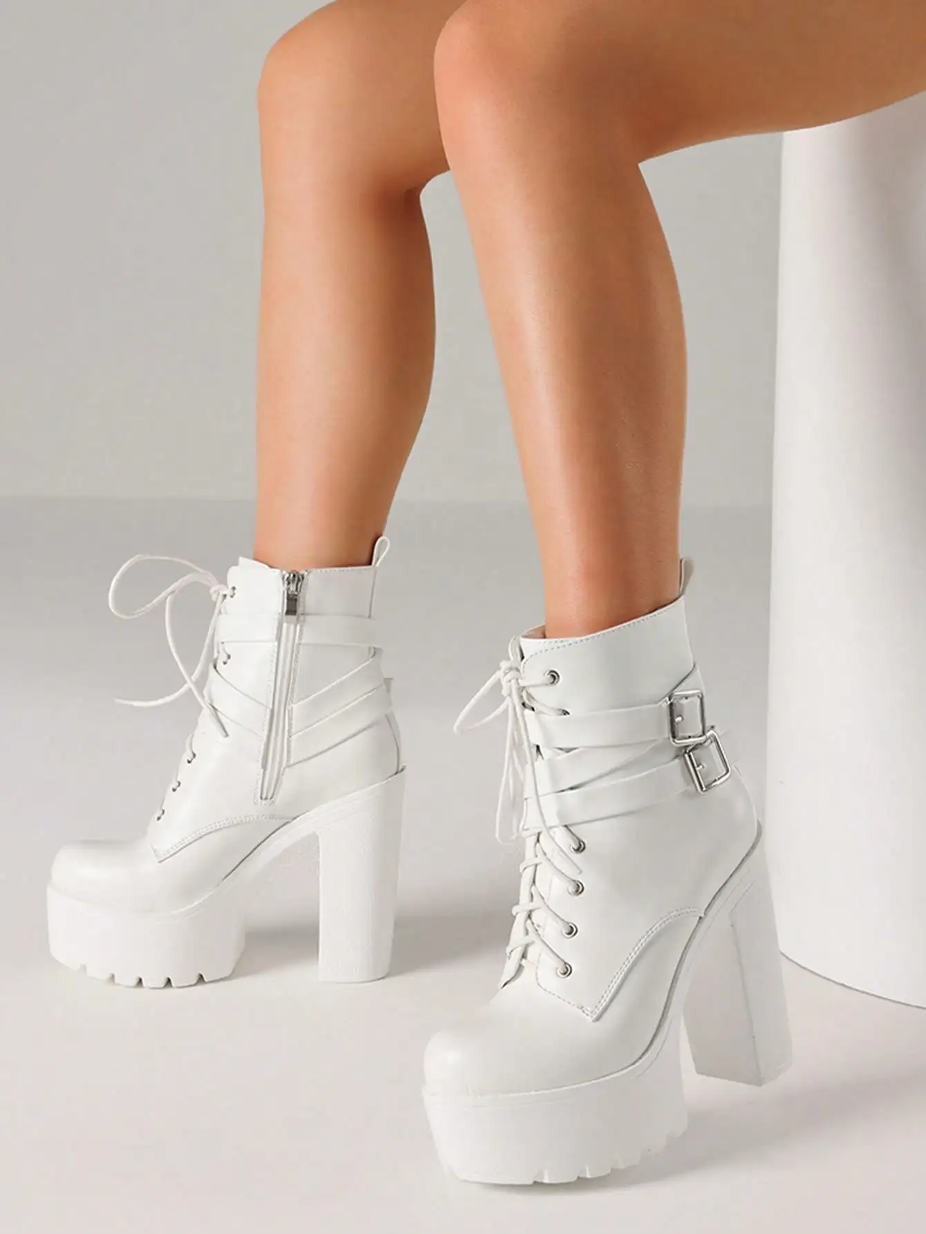 

Elegant Women Ankle Boots Lacer Up Buckle Chunky High Heels Platfrom Women Luxury Cool Fashion Punk Winter Shoes