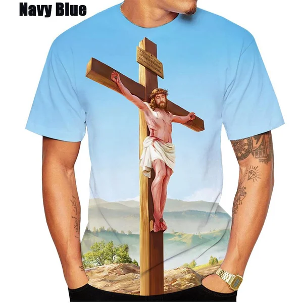 Summer Hot Sale Christ Jesus 3D Printed T Shirt God Vintage Religion Cross Short-sleeved Round Neck Men\'s Tops