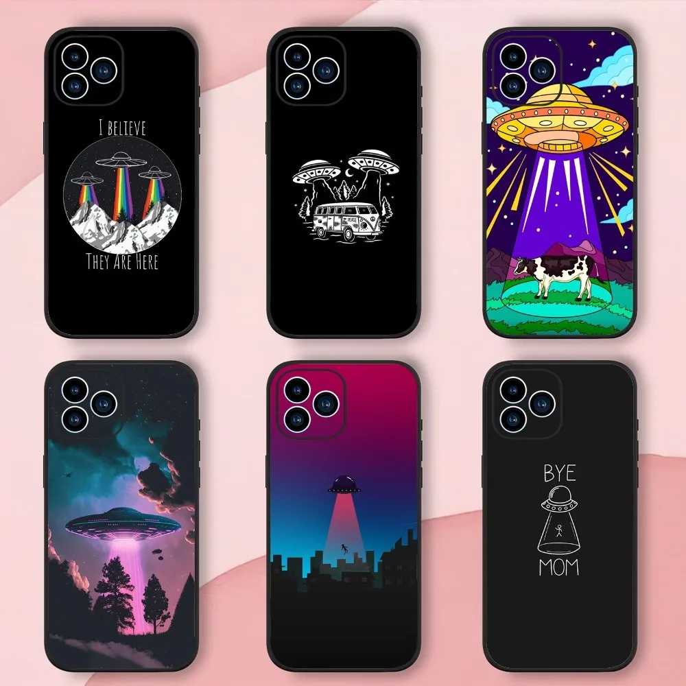 Mysterious UFO Phone Case For iphone13 12 11 14 15 Pro Max XS Max XR X 14 15Plus Black Silicone Soft  Cover