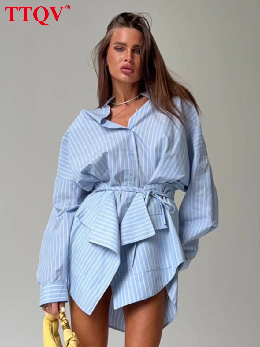 Ensemble 2 pièces élégant TTQV pour femme : chemise à manches longues rayée bleue et mini-jupe taille haute – Collection 2026