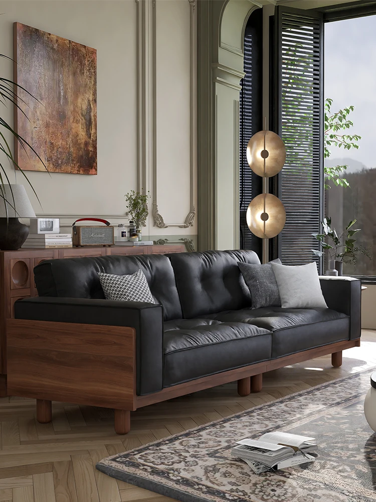 

French retro leather sofa living room full solid wood small apartment inline row medieval style black cowhide sofa
