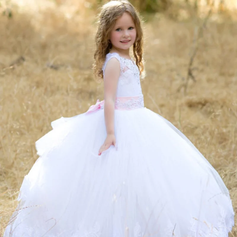 

Flower Girl Dresses White Tulle Puffy Appliques Lace With Pink Bow Sleeveless For Wedding Birthday Party First Communion Gowns