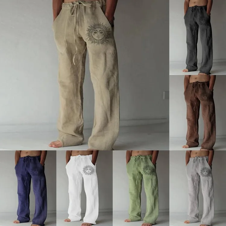 

Men's Casual Loose Long Pants Drawstring Elastic Color Printed Comfortable Straight Leg mid Waist Cotton 100%