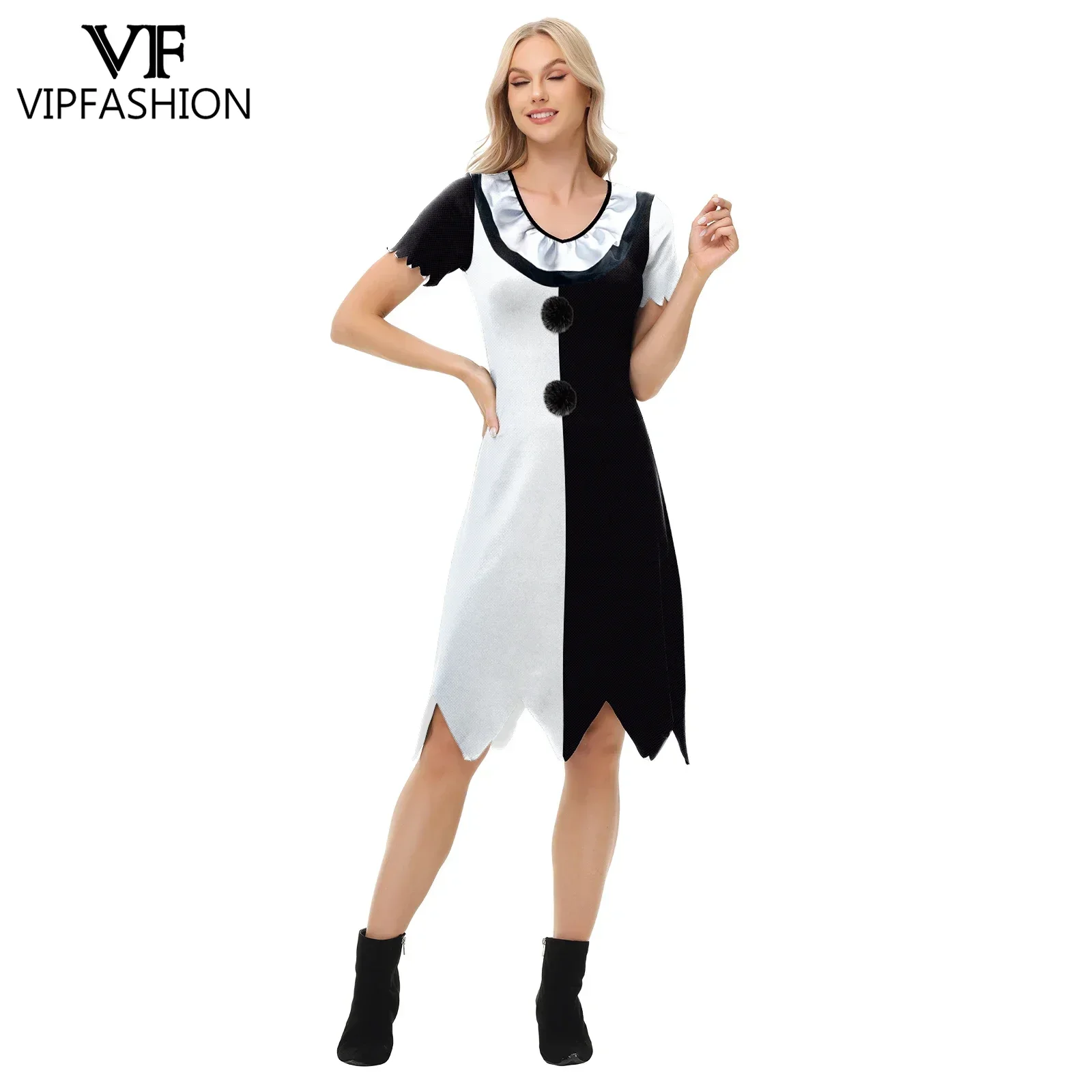 VIP FASHION Terrifier-vestido de Cosplay de Halloween para mujer, disfraz de payaso aterrador sin mangas, traje de terror Sexy, vestido de fiesta para espectáculo de películas