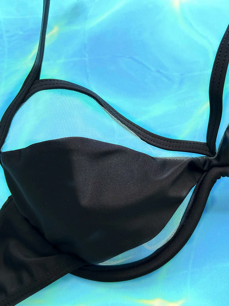 Baju renang satu potong wanita pakaian renang hitam bikini seksi musim panas baju renang punggung terbuka bertali