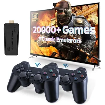 4K Game Stick Retro Video Game Console 20000 Games Emuelec 9 Emulator TV Stick Mini PC Game Machine with Dual Wireless Gamepad Control