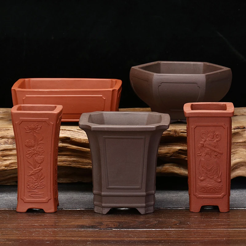 Purple Sand Small Flowerpot Square Antique Tabletop Planters for Indoor Plants Succulent Plant Bonsai Pot Gardening Orchid Pots