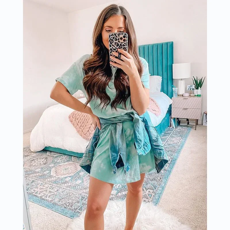 2024 패션 불규칙 프린트 반팔 티셔츠 드레스 캐주얼 스타일 편안한 미니 숏 A라인 하이 스트리트