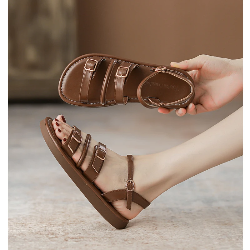 여성용 플랫 얇은 밴드 오픈 토 백 트립 스트랩, 올매치 편안한 미끄럼 방지 비치 샌들, 내마모성 패션