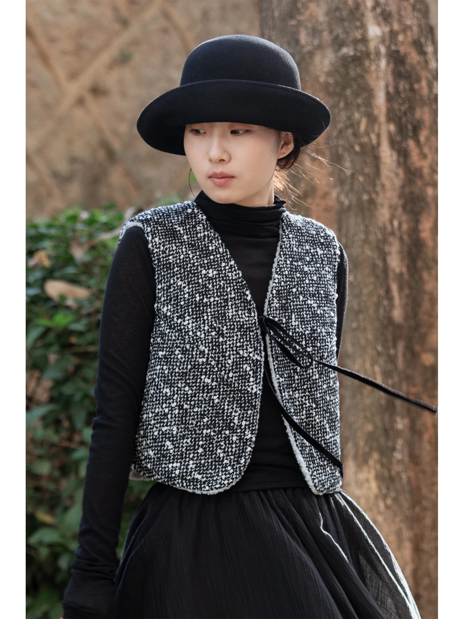 

Очаровательный двусторонний жилет из овечьей шерсти с поясом из серии Qi Small Snowflake, женский кардиган, верхняя одежда