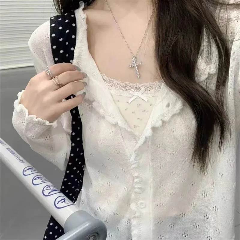 

Ladies Korean Hollow Out Lace Thin Knit Cardigan Sweater 2026 New Summer Long Sleeve Slim Short Top
