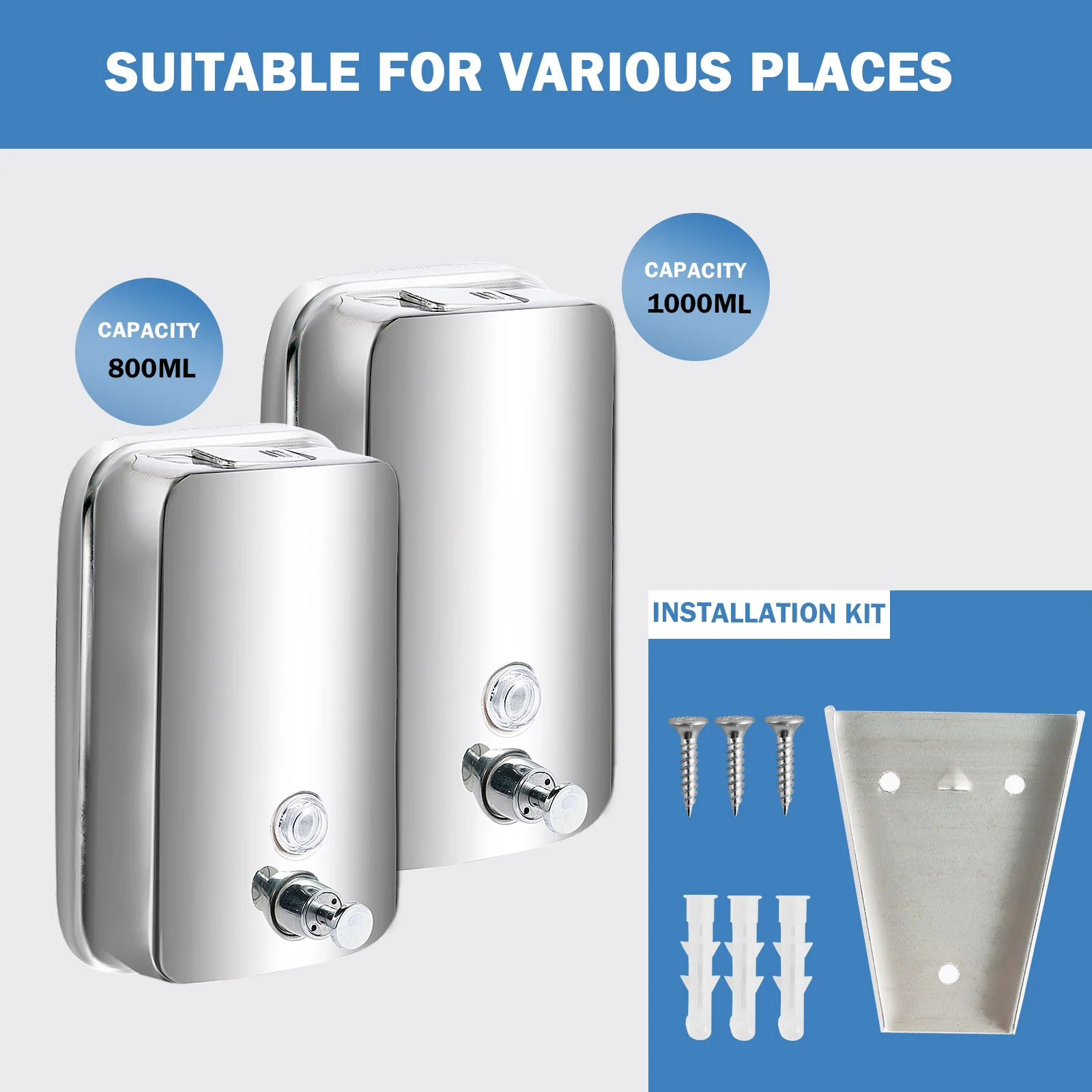800ML/1000ML Soap Dispenser Stainless Steel Wall Mount Bathroom Liquid Soap Detergent Shower Gel Storage Bottle Toilet Kitchen