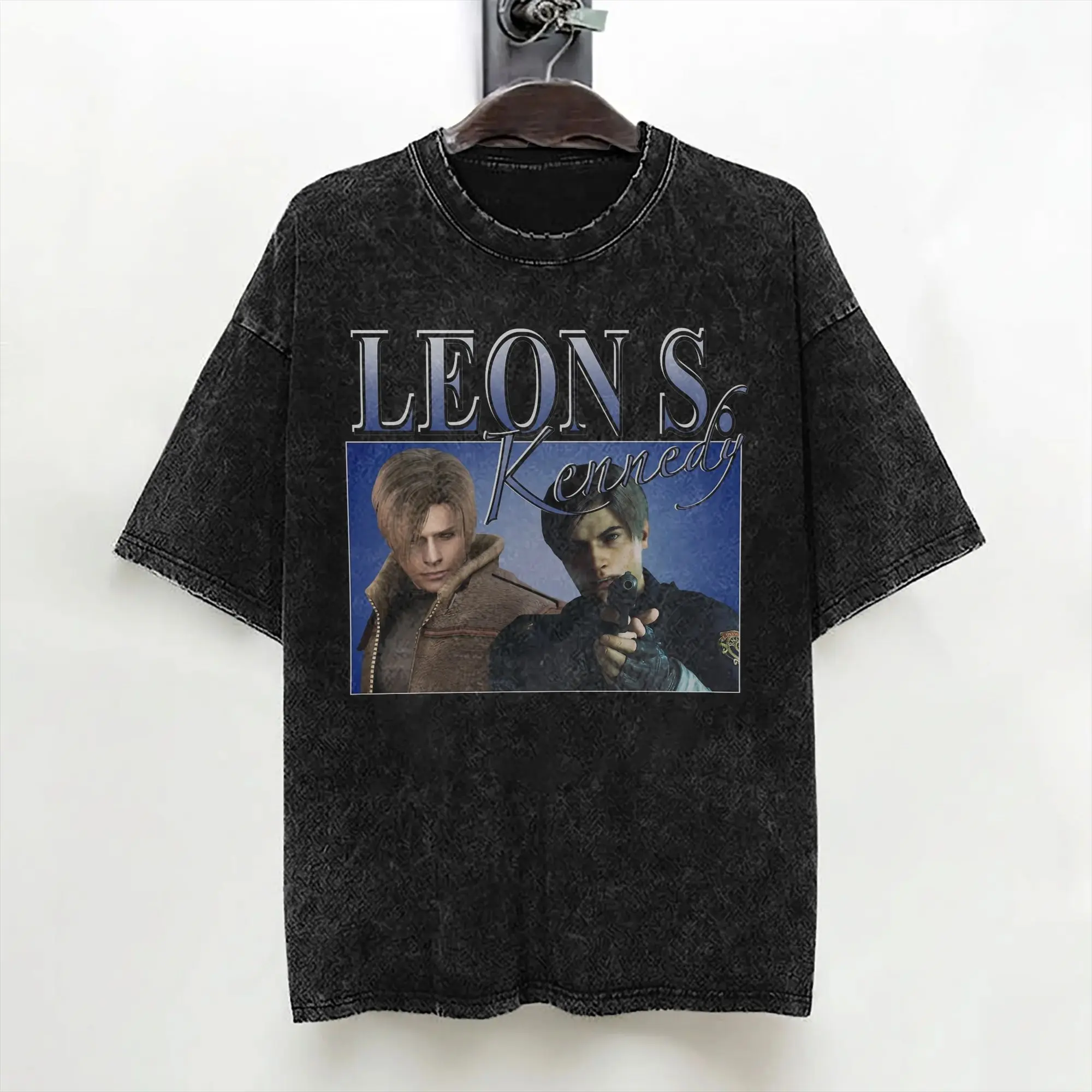 Leon S. Kennedy Washed T Shirt Streetwear Vintage T-Shirt Tees for Men Women Short Sleeve Harajuku Summer