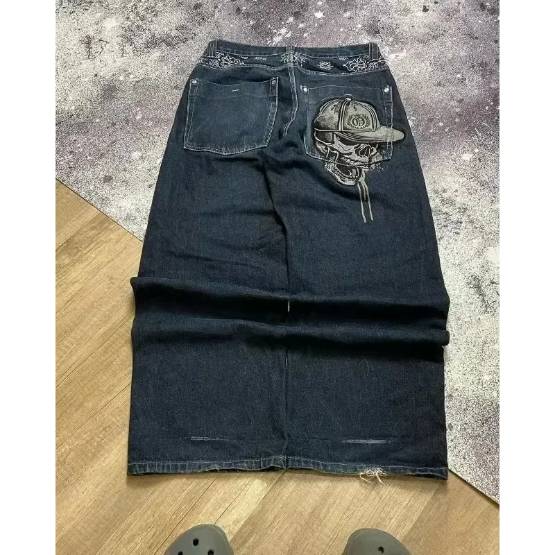 Y2K retro high street geborduurde jeans nieuwe schedel jeans gewassen goth hoge taille wijde pijpen rechte broek hiphop street wear