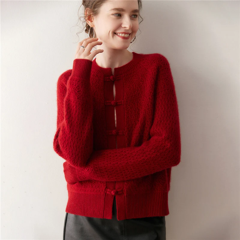 

Осень-зима, кашемировый свитер, женский кардиган с пряжками в китайском стиле, 100% кашемировый трикотаж, мягкая популярная одежда Grace