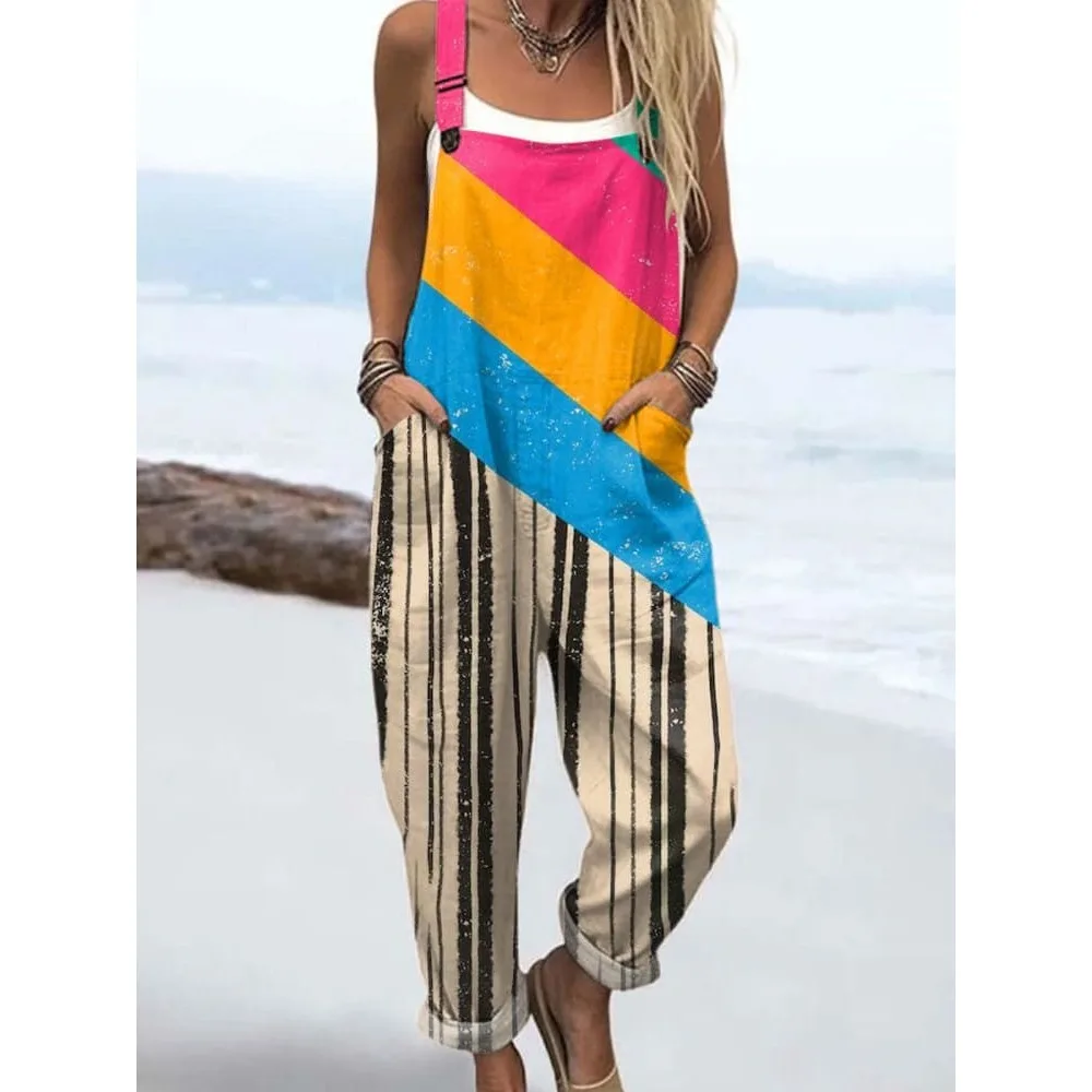 จั๊มสูทผู้หญิงลายทางและสีตัดกัน สายปรับได้ เหมาะสำหรับชายหาดและวันหยุดฤดูร้อน กางเกงขายาวลายทางน้ำหนักเบา สวมใส่สบายๆ