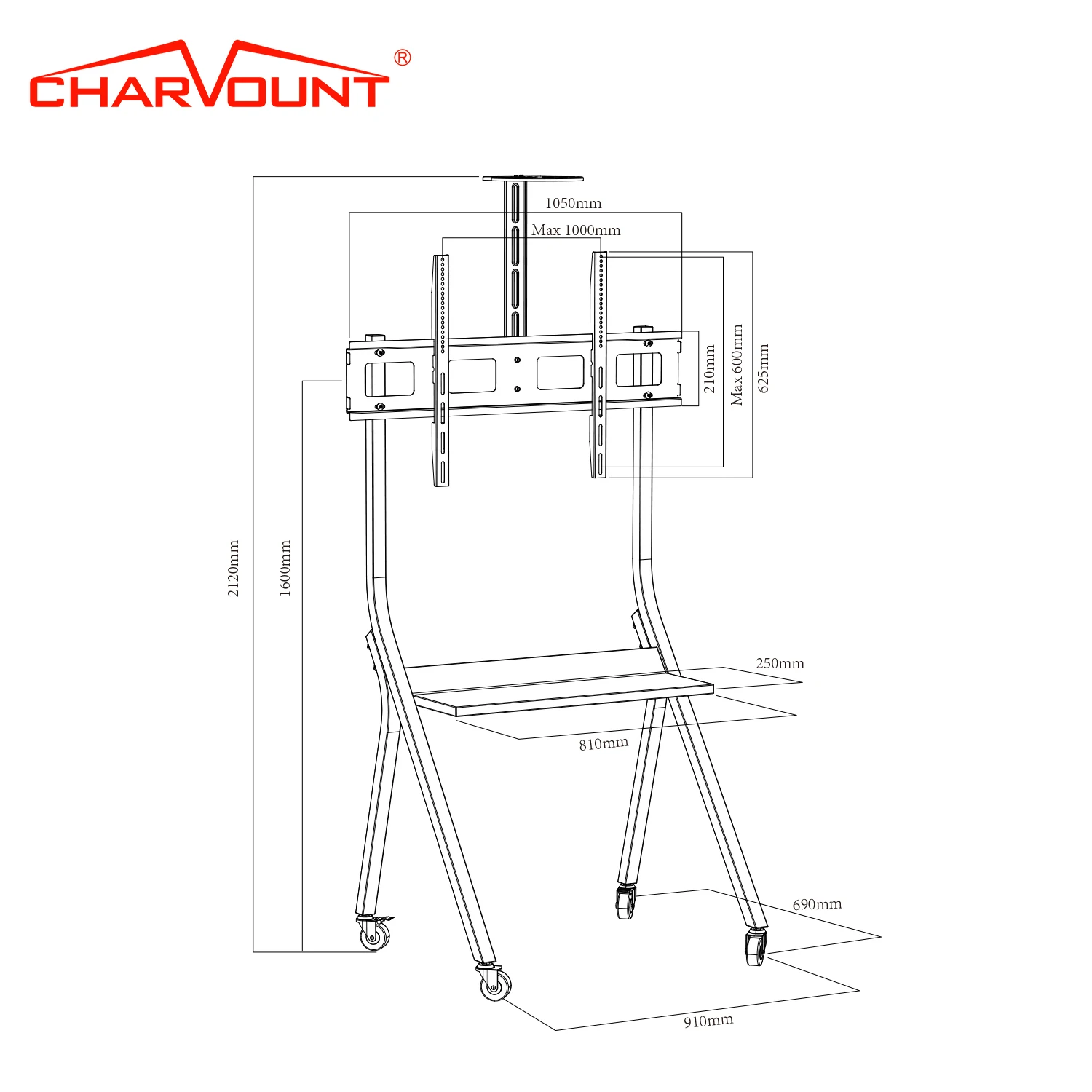 Charmount Vertical Mobile TV Stand Floating Max VESA 1000*600mm with Wheels on Floor Easy Mobility