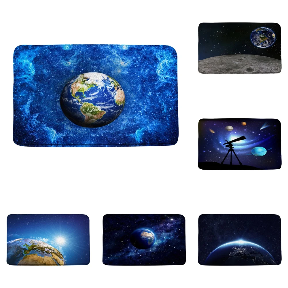 

Blue Earth Bath Mat Planets Starry Sky Moon Outer Space Flannel Bathroom Decor Doormat Carpet Kitchen Rug Non Slip Backing Home