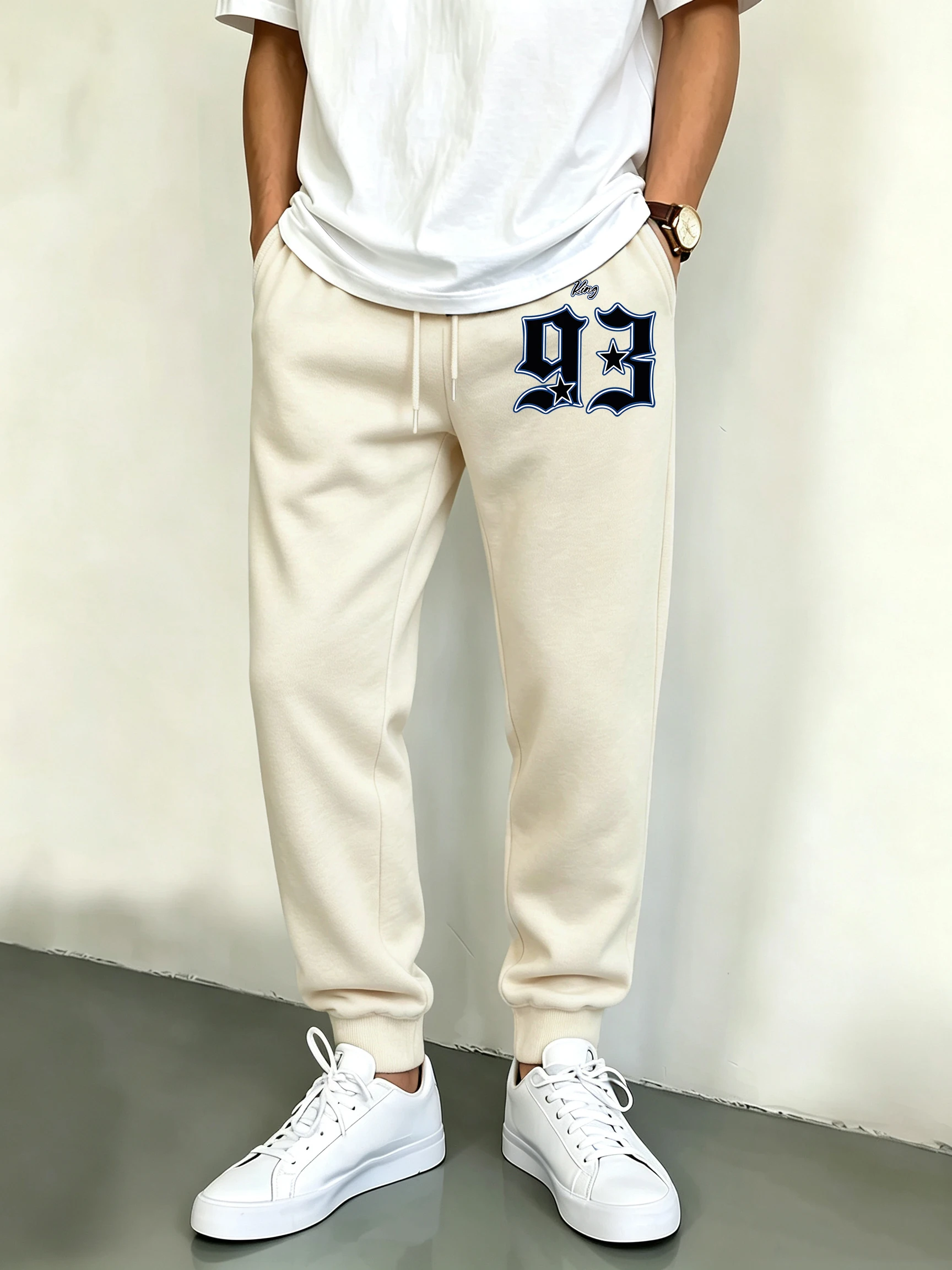 King Number 93 Print Man Casual All-Match Long Pants Fleece Multicolor Trousers Drawstring Warm Pant Sports Jogging Sweatpants
