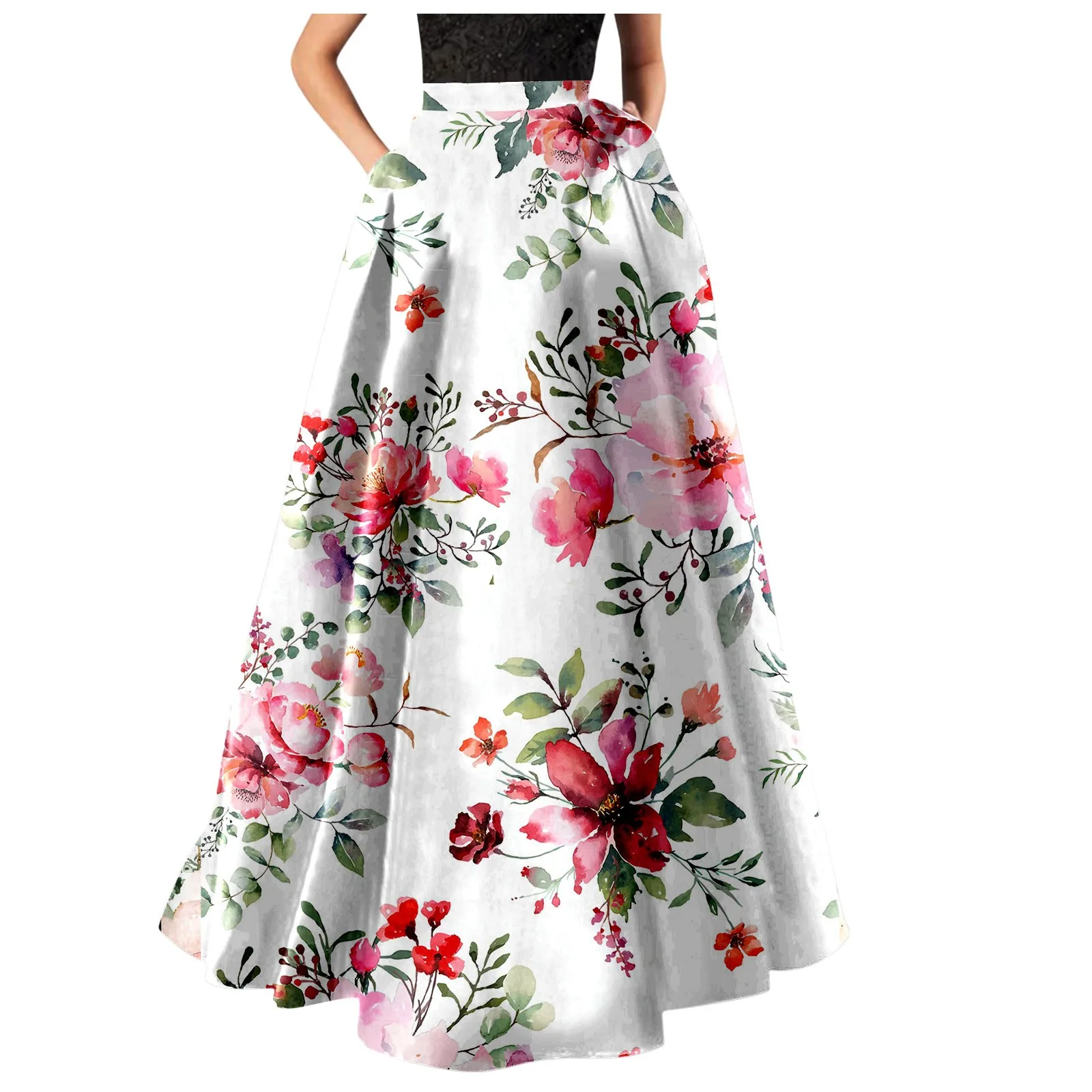 Women’s Bohemian Floral Printed Maxi Skirt Comfortable High Waist Pockets Party Beach Long Skirt Ladies Large Hem Dress Holiday