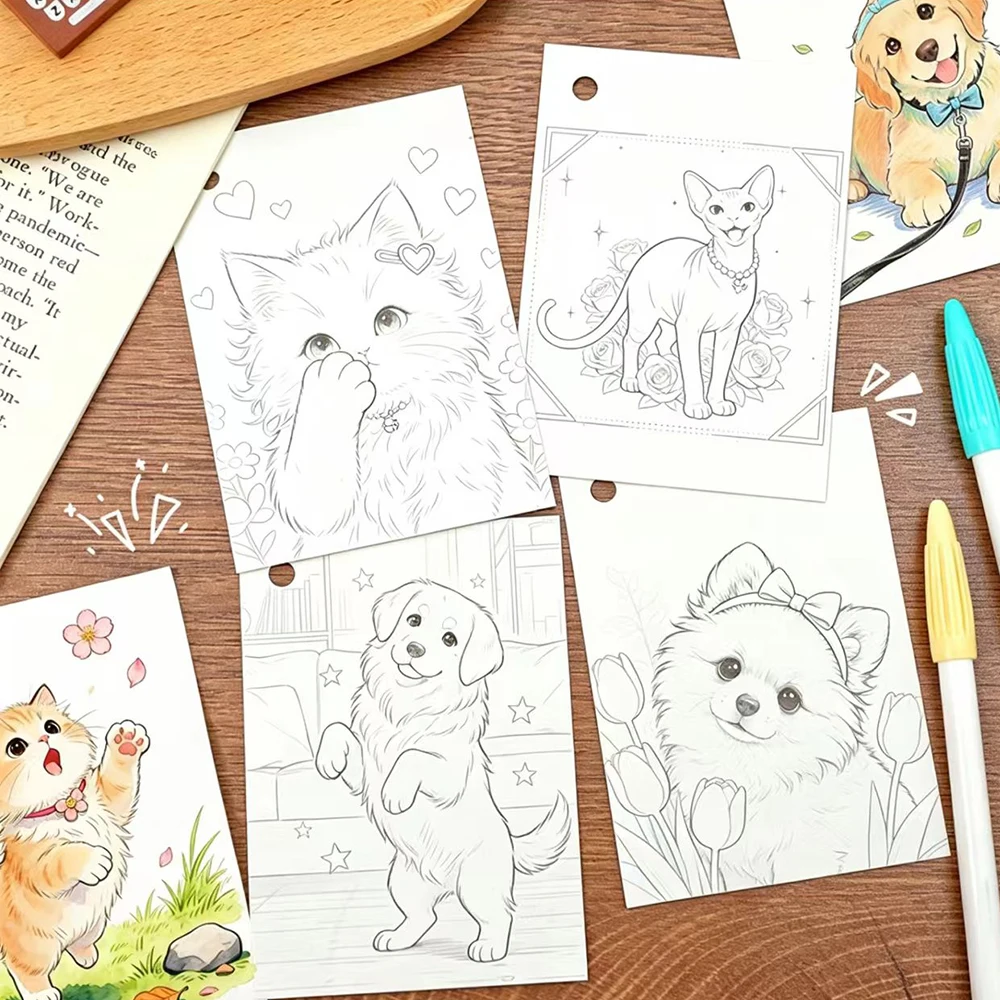 Cartoon Copy Line Coloring Book, Mini Loose Leaf Cute Cat and Dog Sketchbook, DIY Coloring Student Sketchbook