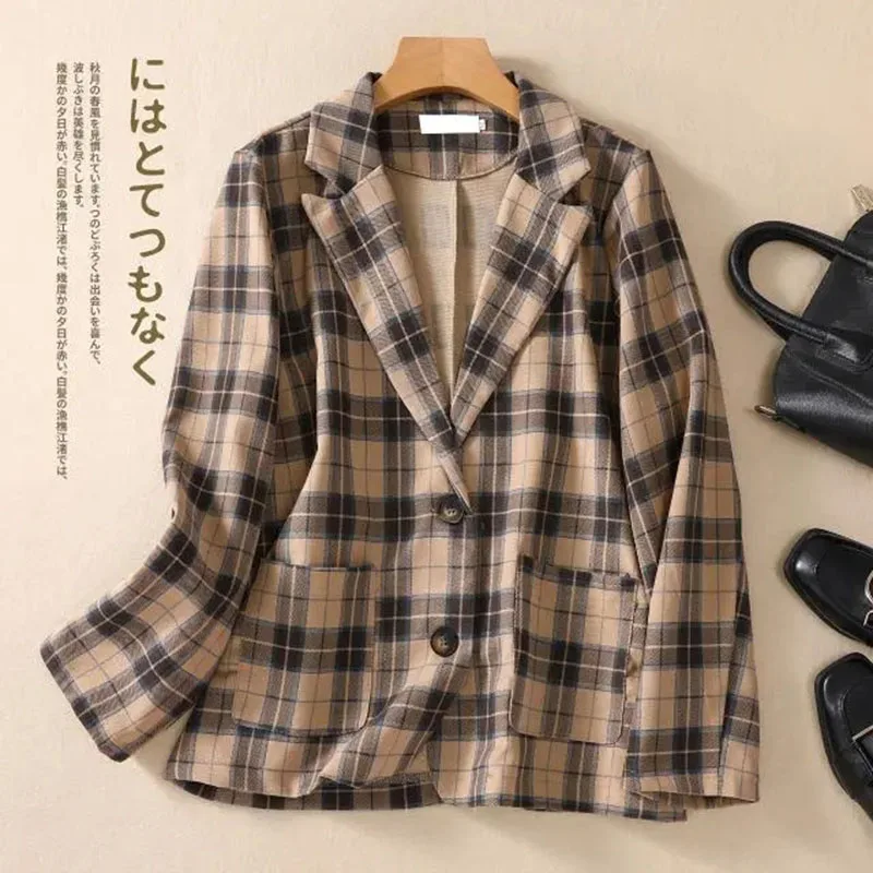 

LadiesNew Joker Fashion High Quality Plaid Suit Jacket Literary Loose Joker Suit Shirt V-Neck Comfortable Button Breathable Coat