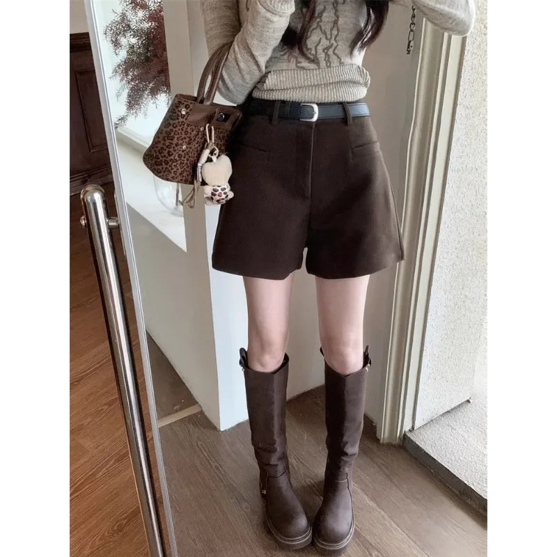 القهوة الملونة الصوفية عالية الخصر ألف خط المرأة الخريف والشتاء الخارجي التمهيد السراويل التخسيس فضفاض مستقيم السراويل غير رسمية