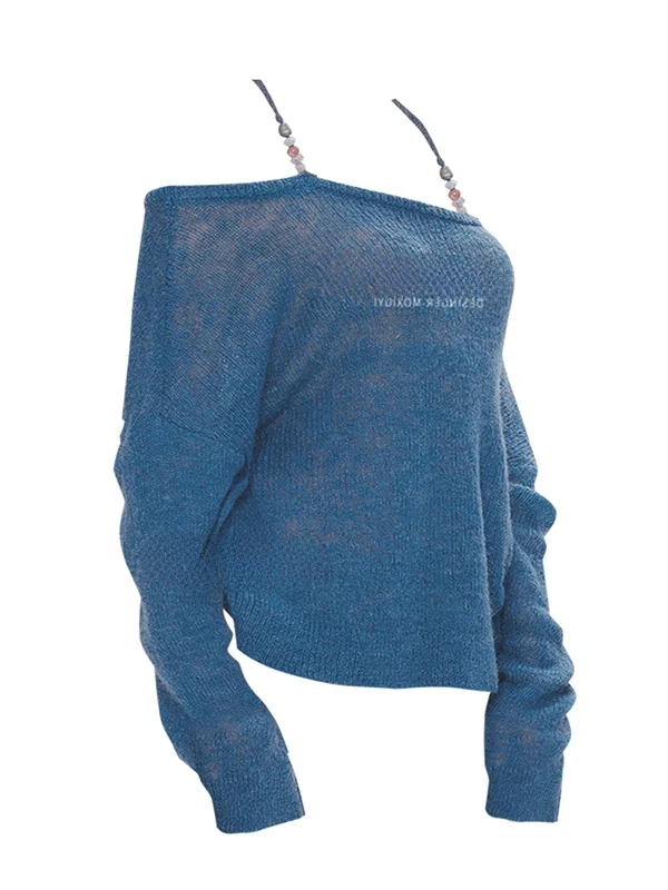 

American Sle Lazy вязаный свитер на одно плечо, женский осенний свободный утягивающий свитер с волнистым дизайном, топ, мягкий длинный све