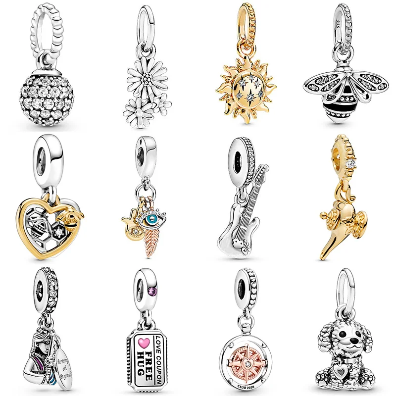 925 Sterling Silver Poodle Guitar Bee Chrysanthemum Crystal Dangle Bead Fit Original Pandora Charms Bracelets Women DIY Jewelry