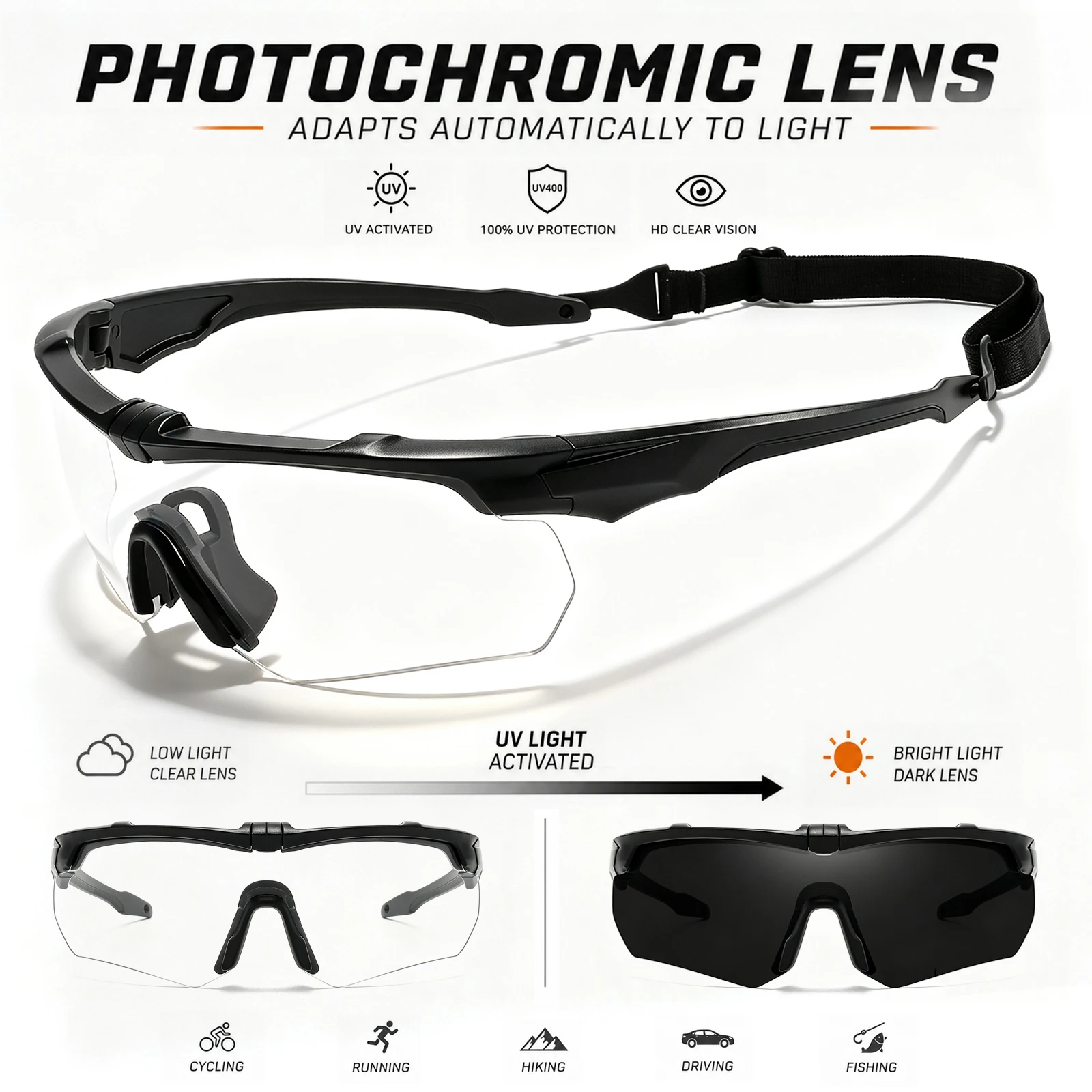Photochrome Sport-Schutzbrille mit Rundum-Schutz, Komfortable Brille für den Täglichen Gebrauch, Motorradfahren, Jagen und Outdoor-Sport – Detail 1
