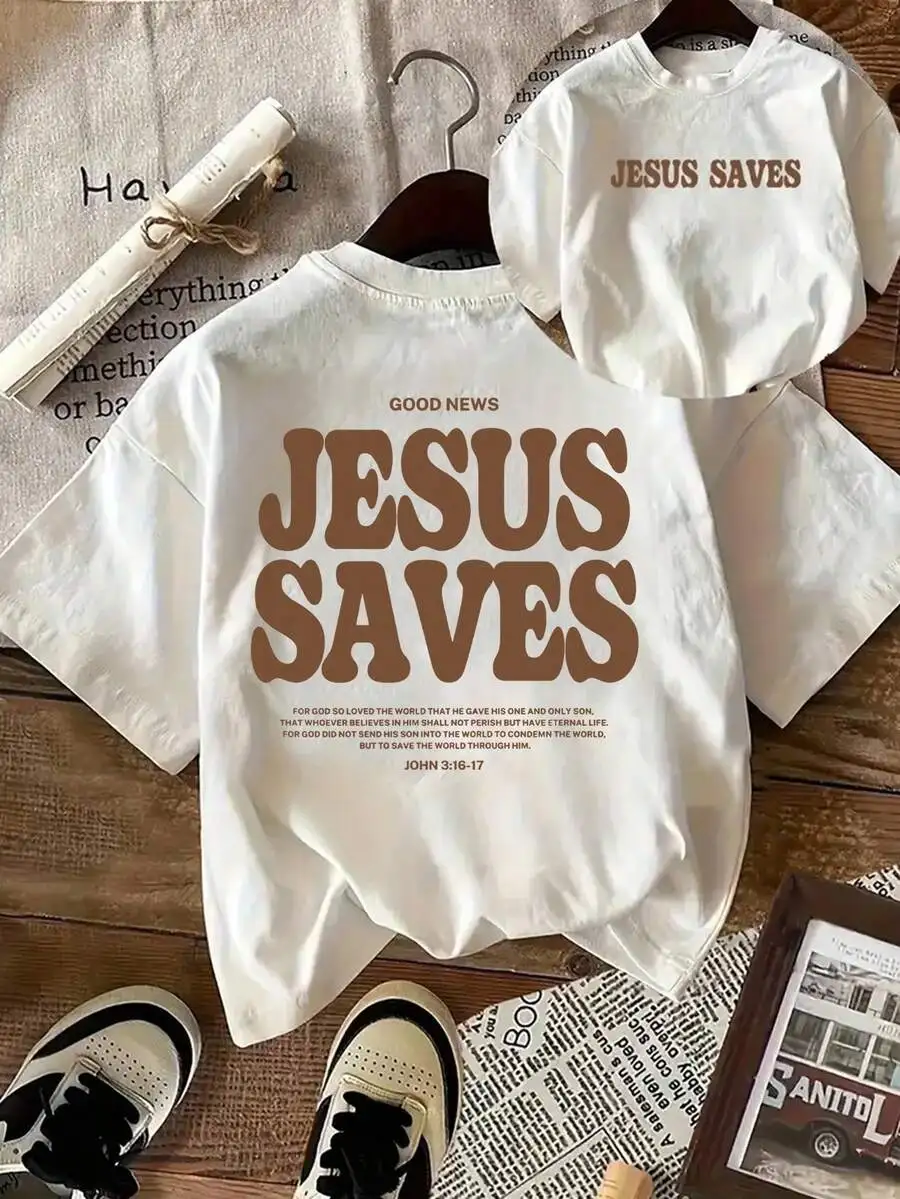 2026 Fashion New Jesus Saves Slogan Letter Graphic Women Round Neck Casual Short Sleeve T-Shirt Basic Top Tee