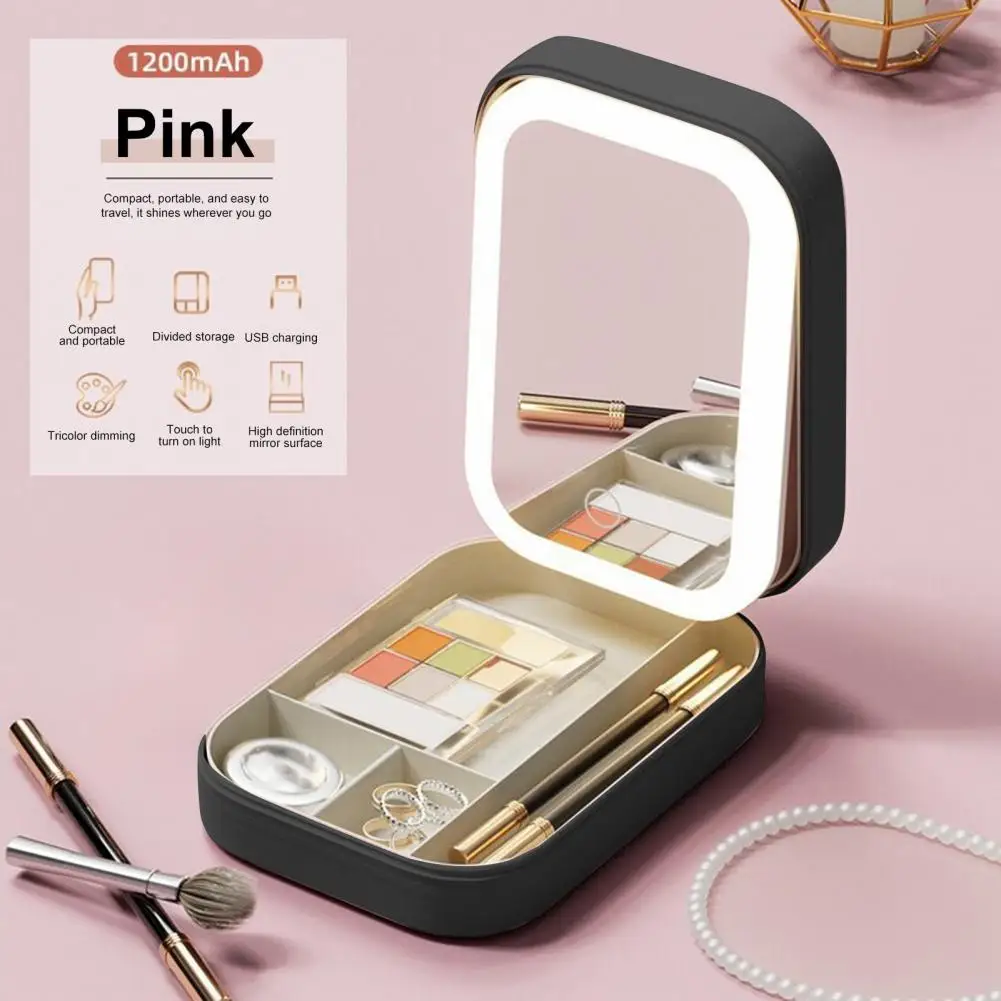 Women Makeup Bag with LED Mirror Cosmetic Case 3-Color Adjustable LED Makeup Storage Box Rechargeable Vanity Organizer