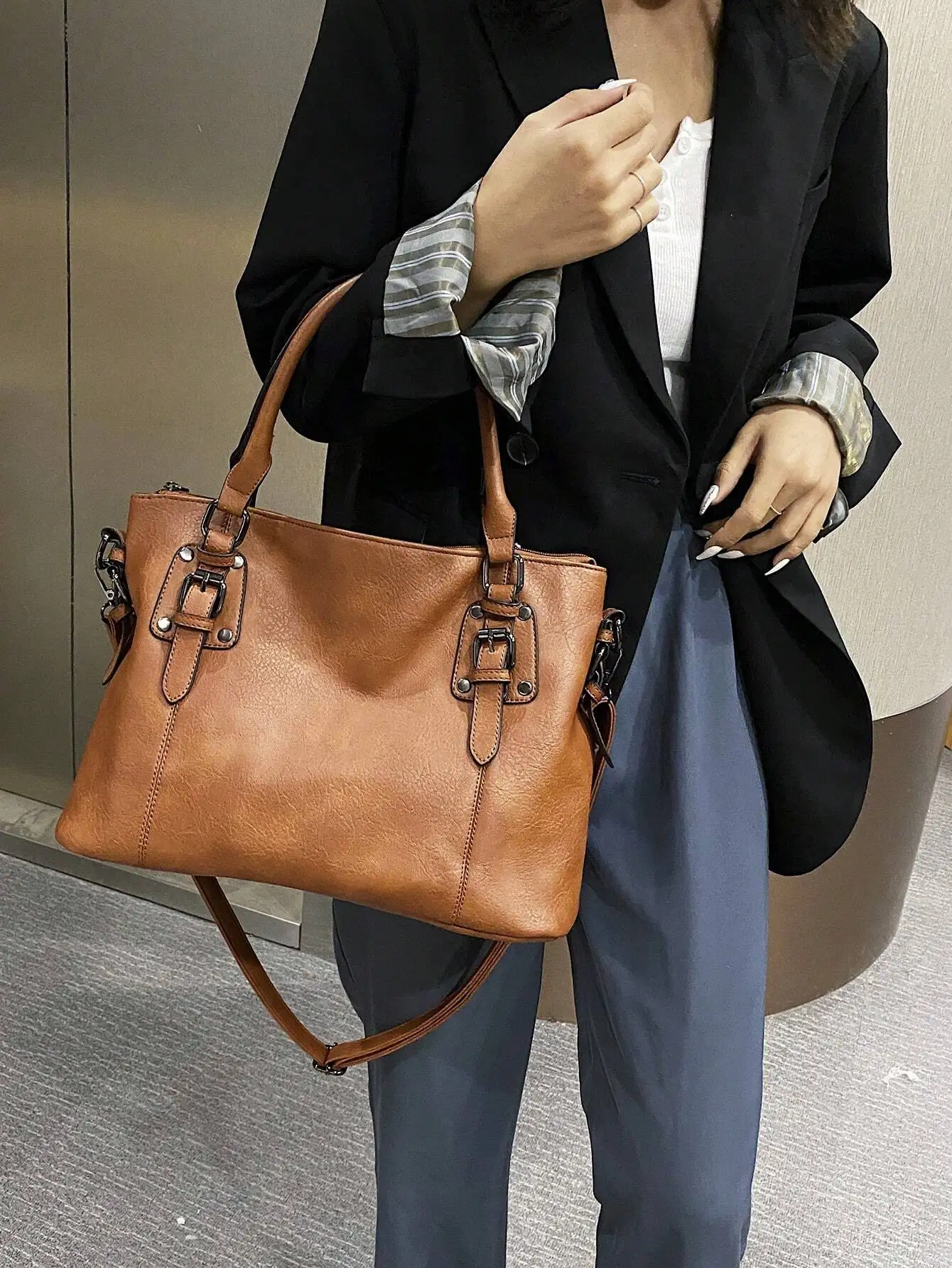 Simple Fashion Buckle Detail Shoulder Tote Bag Purse Set, Eye-Catching Work Bags For Women