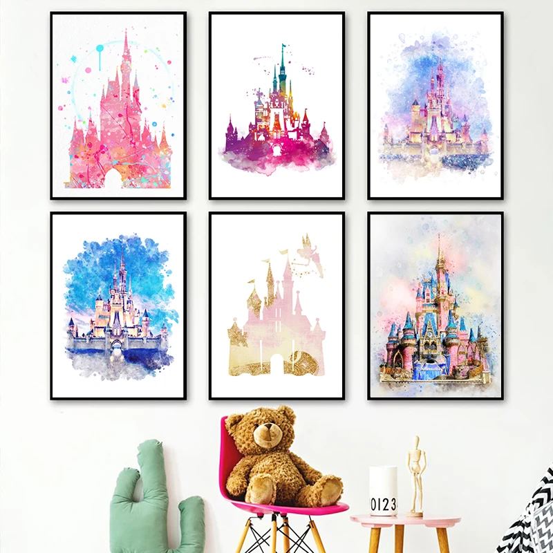 Watercolor Princess Castle Art Prints Cinderella Cartoon Poster Magic Kingdom Canvas Painting Girls Room Nursery Wall Decor