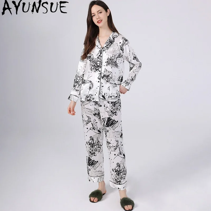 AYUNSUE 100% Mulberry Silk Sleepwear Women Spring Summer Pajama Set 19MM Real Silk Women's Home Clothes Fashion Shirt Pants Thin