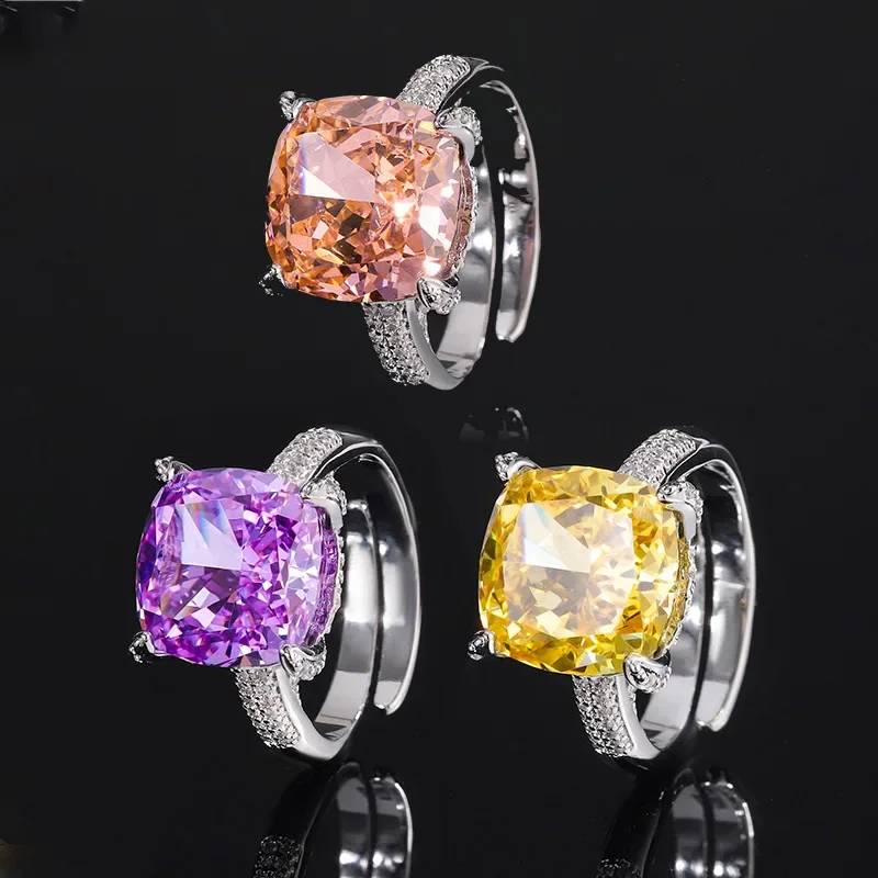 S925 Silver Plated 18K Gold Plated PT950 Platinum Luxury Ice Flower Cut High Carbon Diamond Simple Princess Ring for Women 12*12