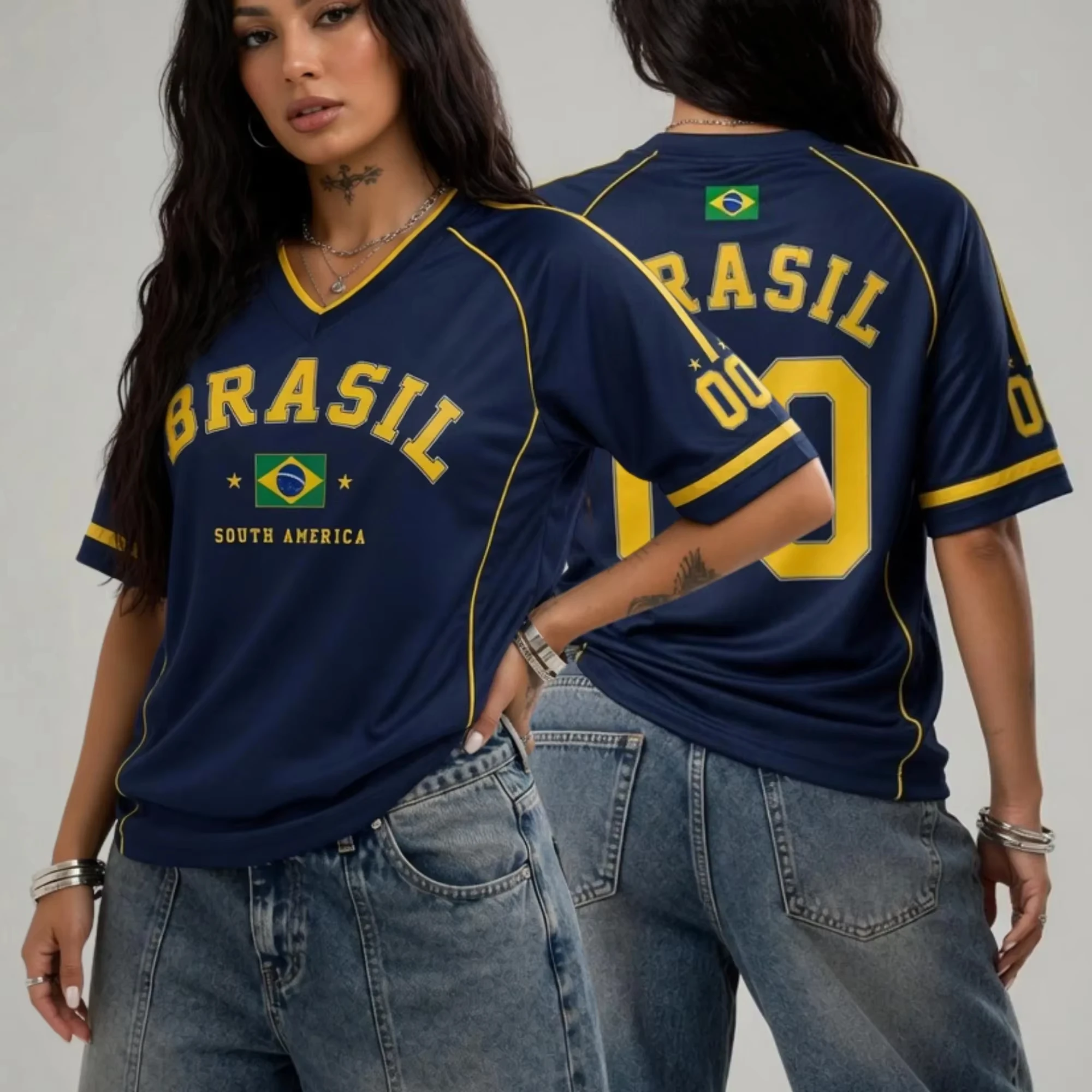 2026 Neue Herren- und Damen-Trikots Brasilien 00 Print V-Ausschnitt Kurzarm T-Shirt Sommer Grafik-Tee Trikots Übergröße Fans/Kinder Sport-Tops Y2K – Detail 6
