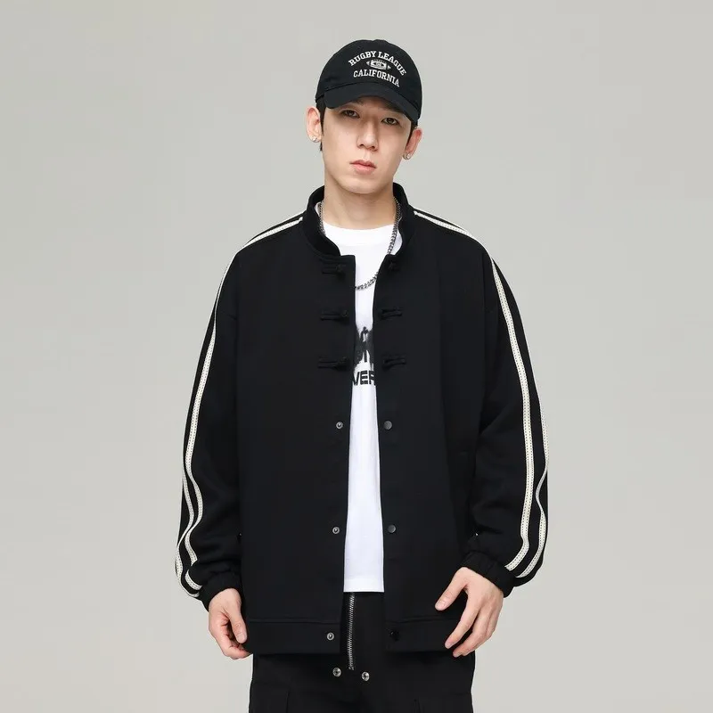 

Modern Chinese Sle Long Sve Jaet Coat with Button Design Traditional Collar Loose Fit Youthful Trend Autumn Winter Out...