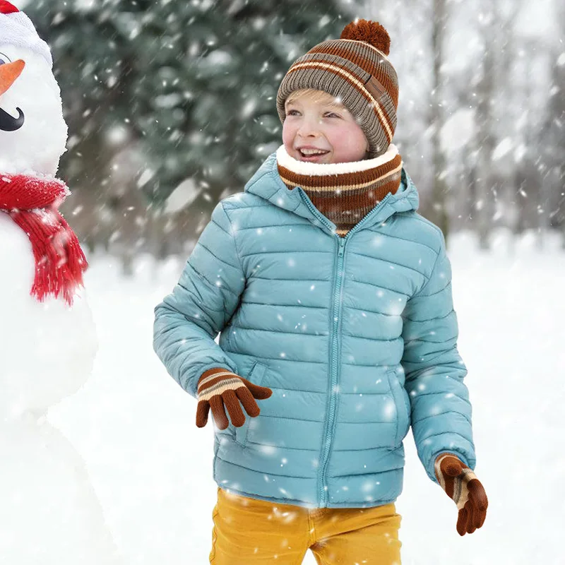 Kids Knitted Hat Scarf Gloves 3-Piece Set, Autumn Winter Warm Fleece Lined Outdoor Wear