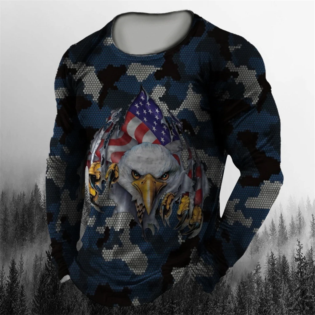 

Vintage Men's Long Sleeve T Shirt Autumn Print round neck Tees Camouflage Pattern Clothes Casual High Street Oversized Men Tops