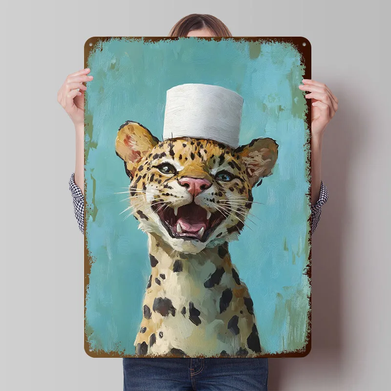 Leopard im Toilettenpapierhut Blechposter Individuelle Wandkunst Vintage Metallschilder Retro Blechschild für Raumdekoration Haus Zuhause