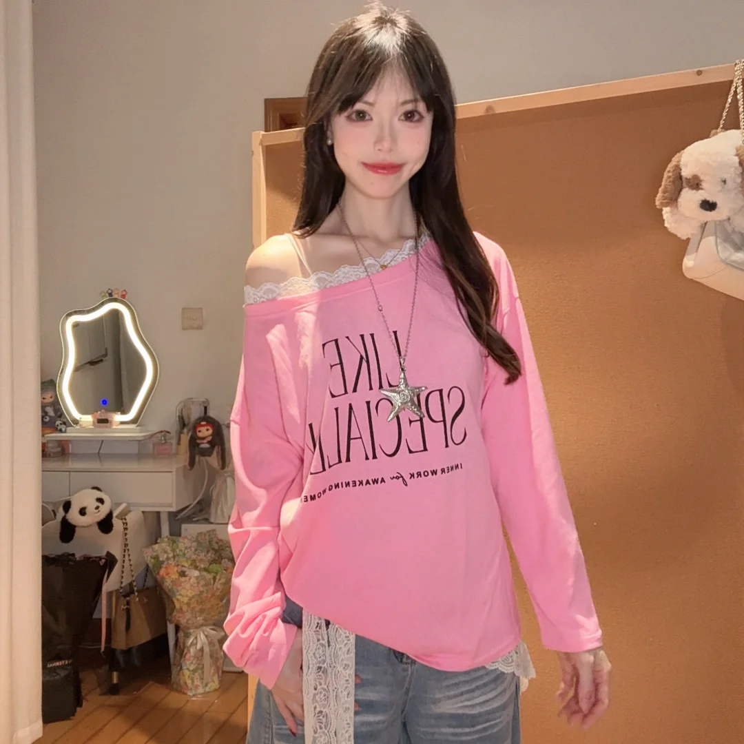 2026 Summer Snowflake Lace Splicing Sunscreen Cover Shirt Three Dressing Rules T-shirt Letter Printed Top Female Trendy