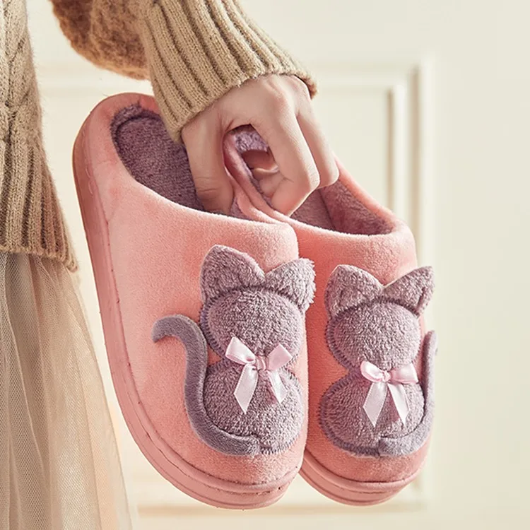 Women Cotton Slippers Cute Cat Slippers Ladies Thick Sole Solid Indoor Shoes Autumn Winter Home Slippers Warm Leisure Shoes