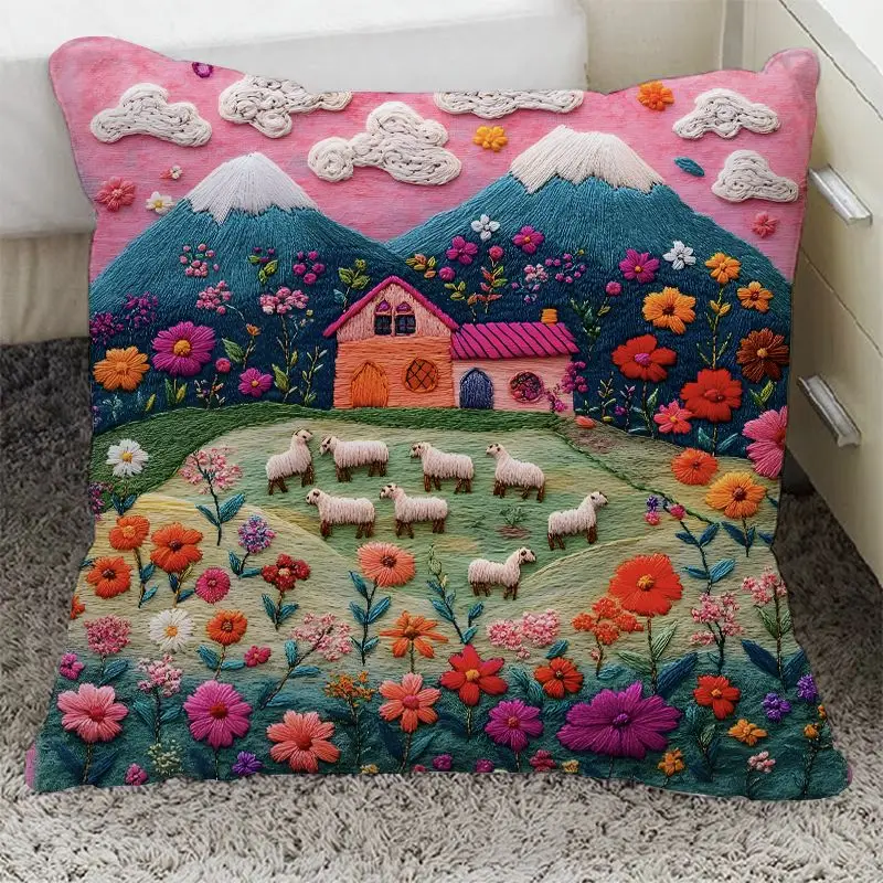

【Scenic Beauty】Colorful Print Pillow Cover, Stain-Resistant & Durable, Living Room Sofa & Bedside Cushion Cover