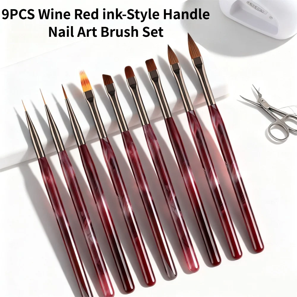 New 1/9PCS Wine Red Ink-Style Acrylic Nail Art Brush Set - Nail Extension Tool Pro Salon Home DIY Manicure Painting Design Kit