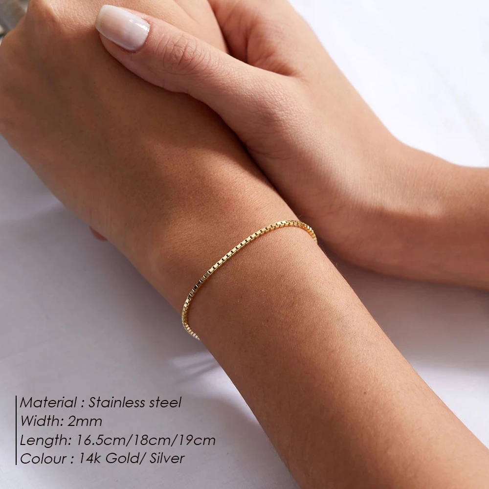 eManco 2MM Box Chain Bracelet Stainless Steel Gold Plated Classic Accessories Wholesale