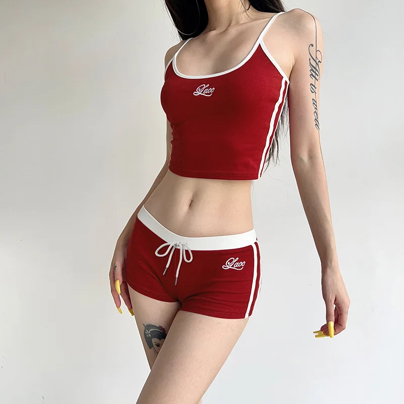 Women Y2K Two Piece Sport Shorts Set Fashion Embroidery Letters Contrast Color Backless Camisole with Shorts Summer Outfit